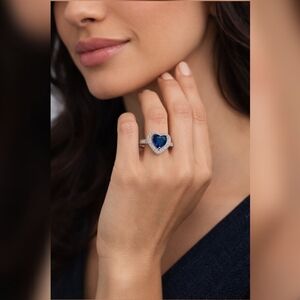 Sterling Silver Heart-Shaped Blue Sapphire Halo Ring 925 Size 6